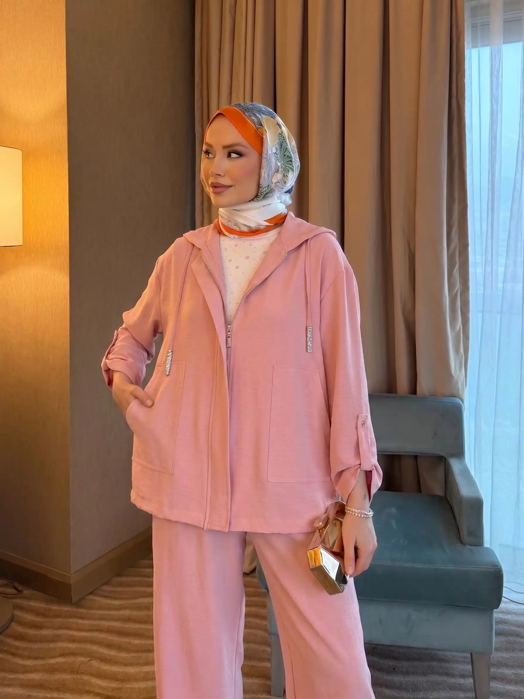 Taş Detaylı Üçlü Spor Takım - Pembe