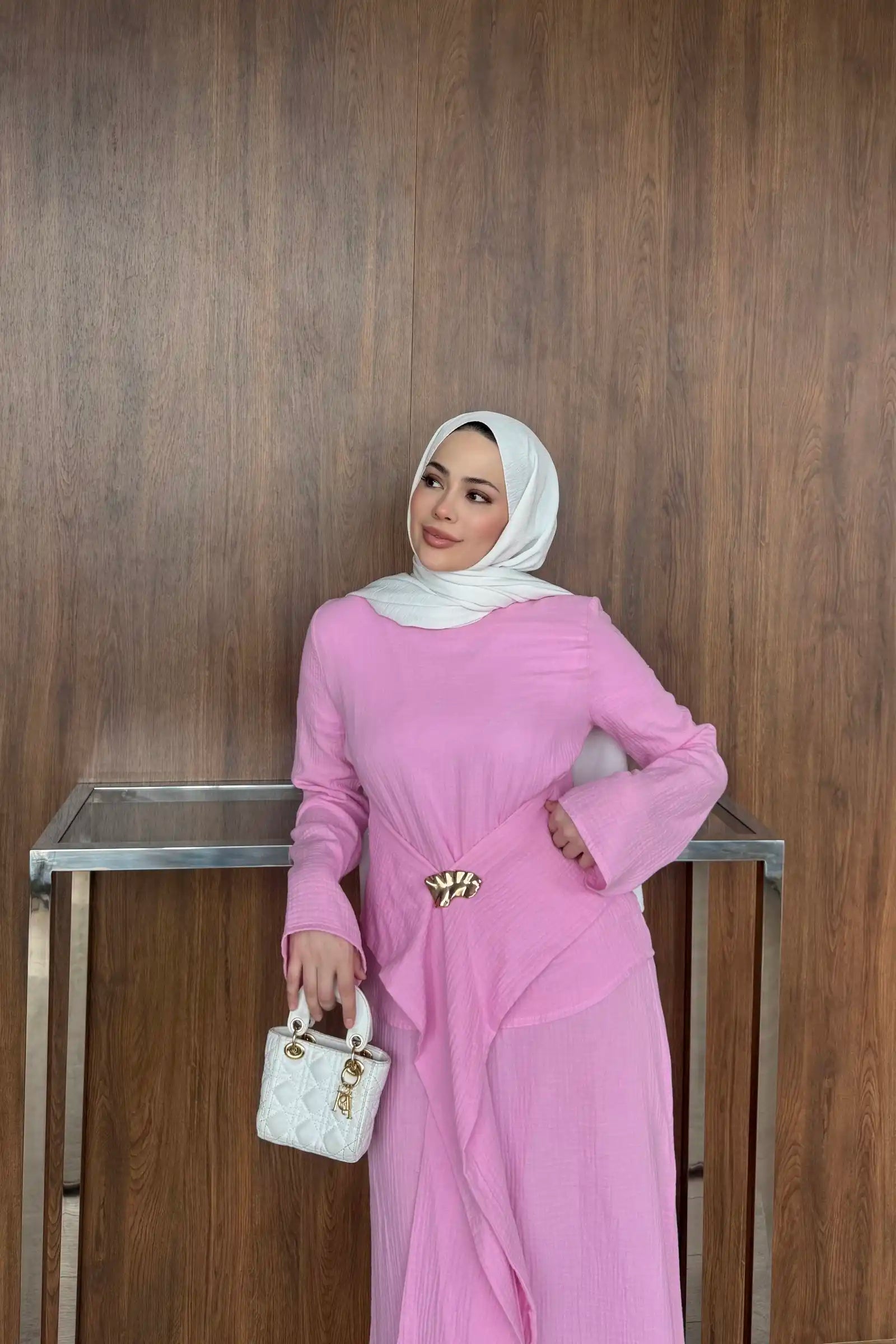 Gold Yaprak Detaylı Etekli Pembe Takım