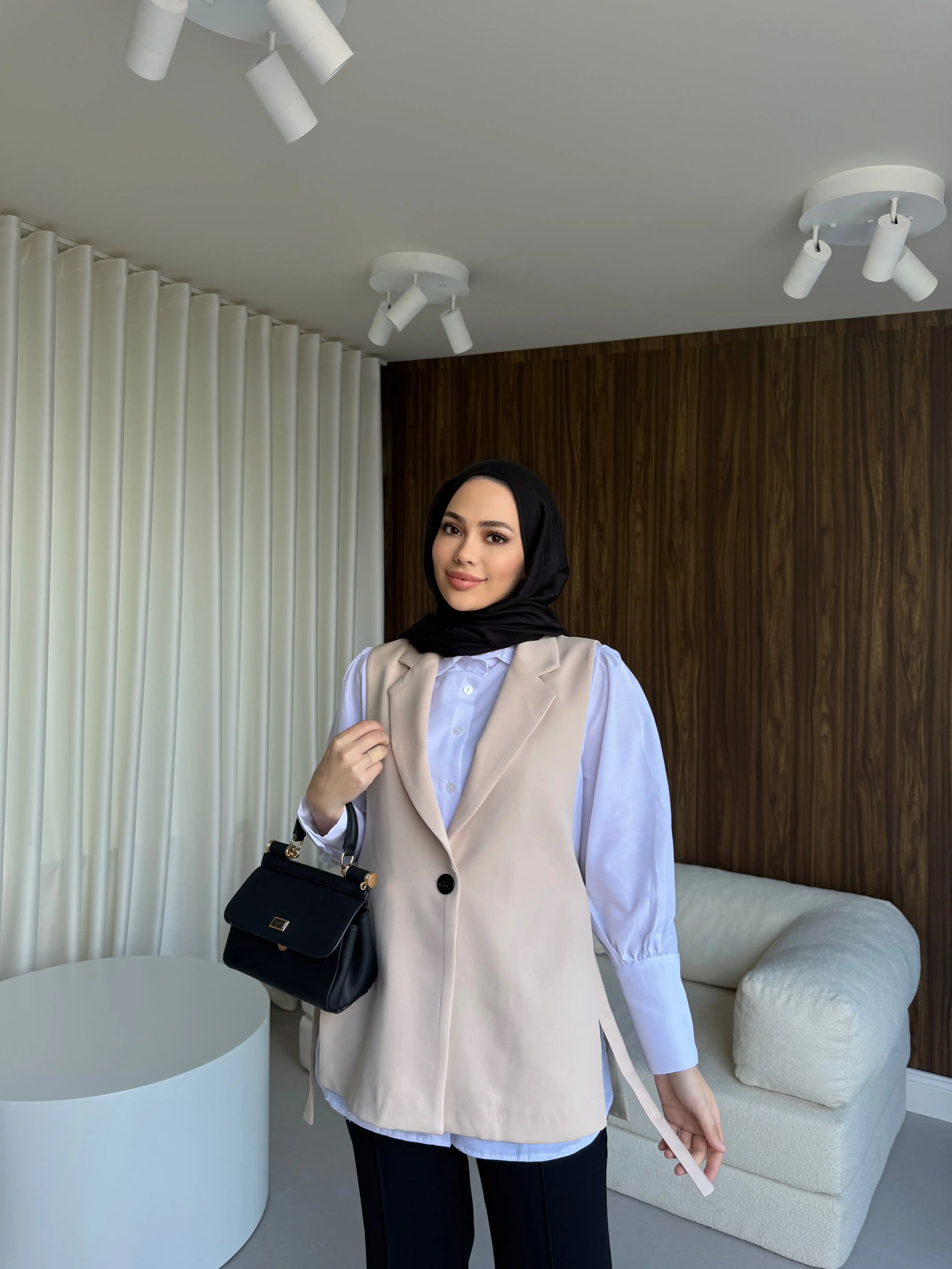 Bej Yandan Bağlamalı Blazer Yelek