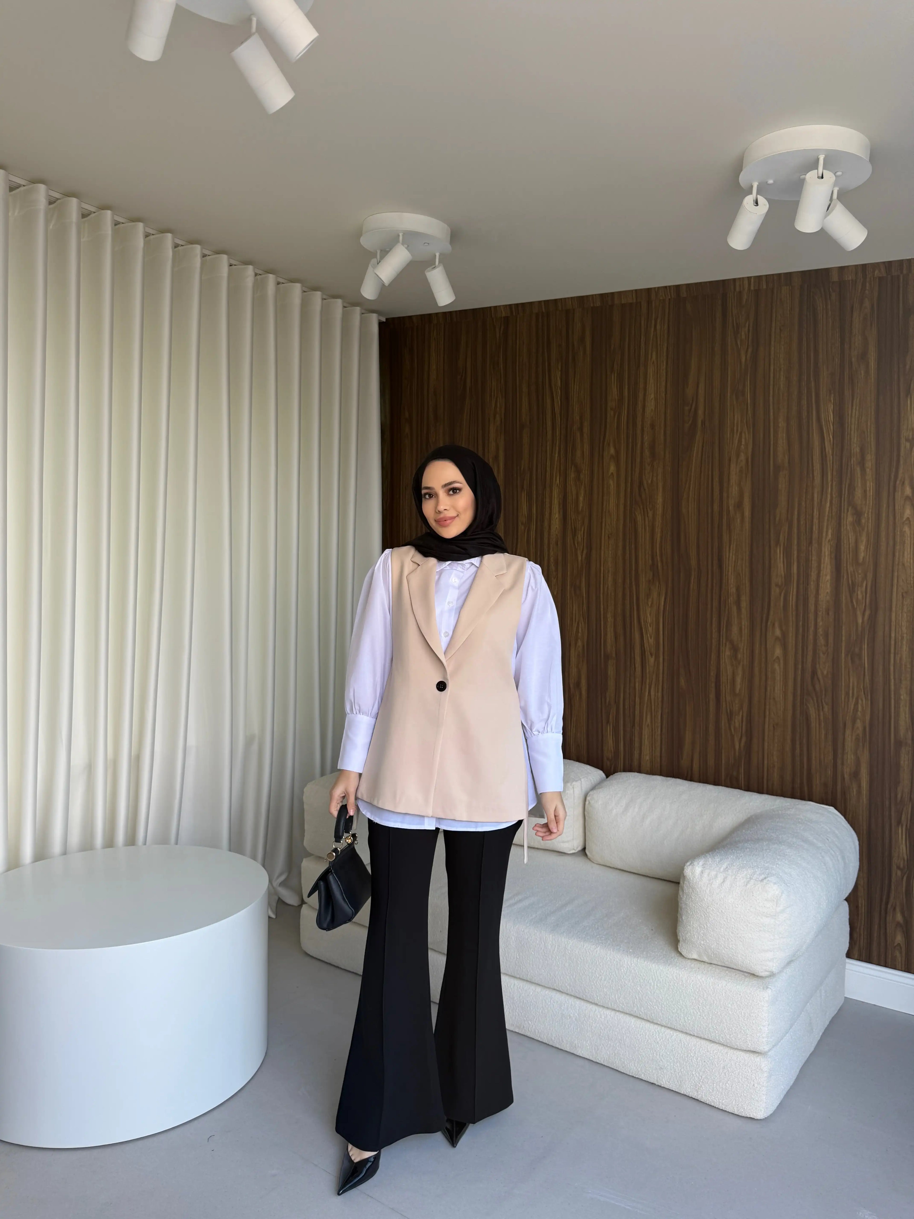 Bej Yandan Bağlamalı Blazer Yelek