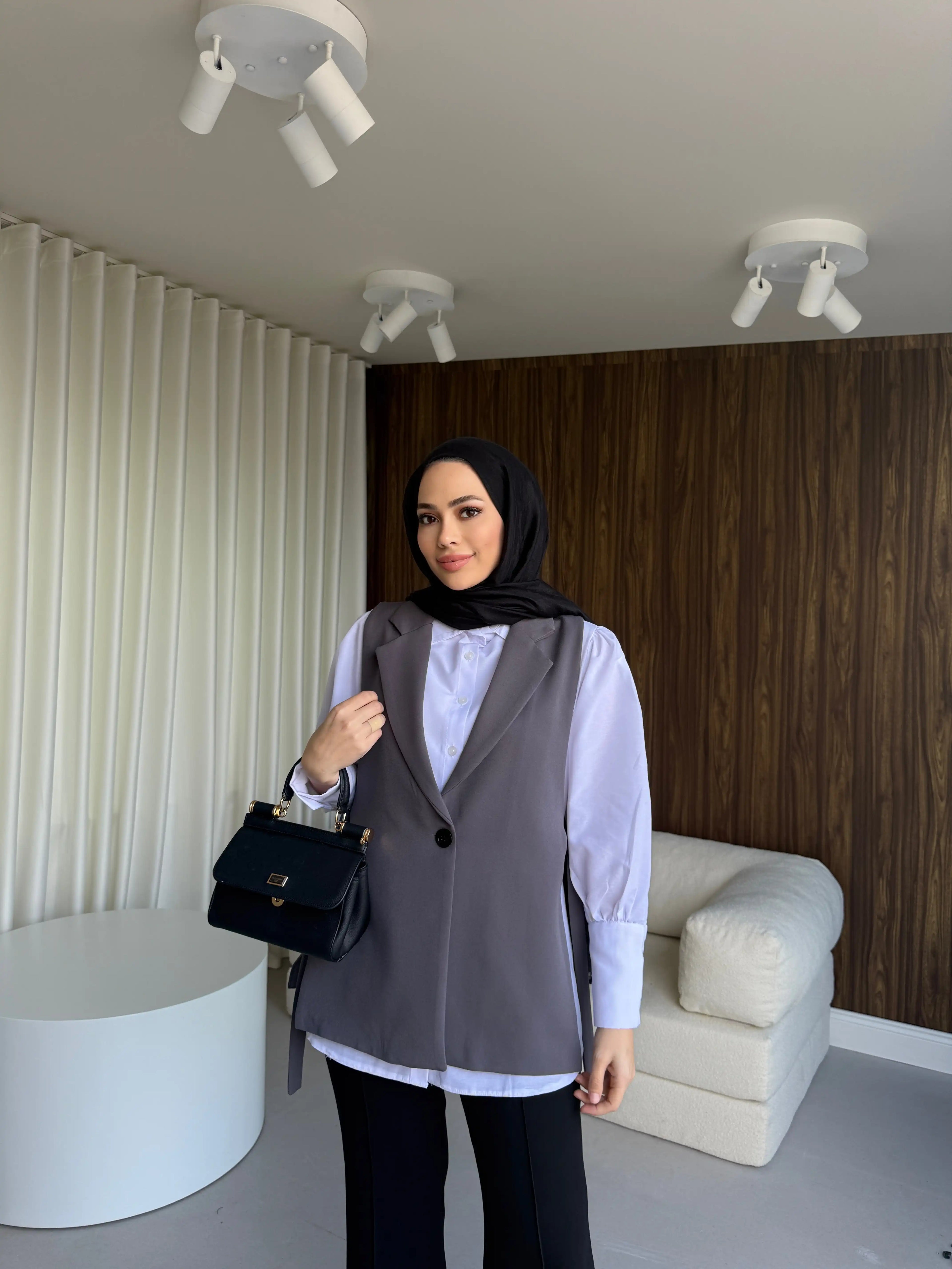 Gri Yandan Bağlamalı Blazer Yelek
