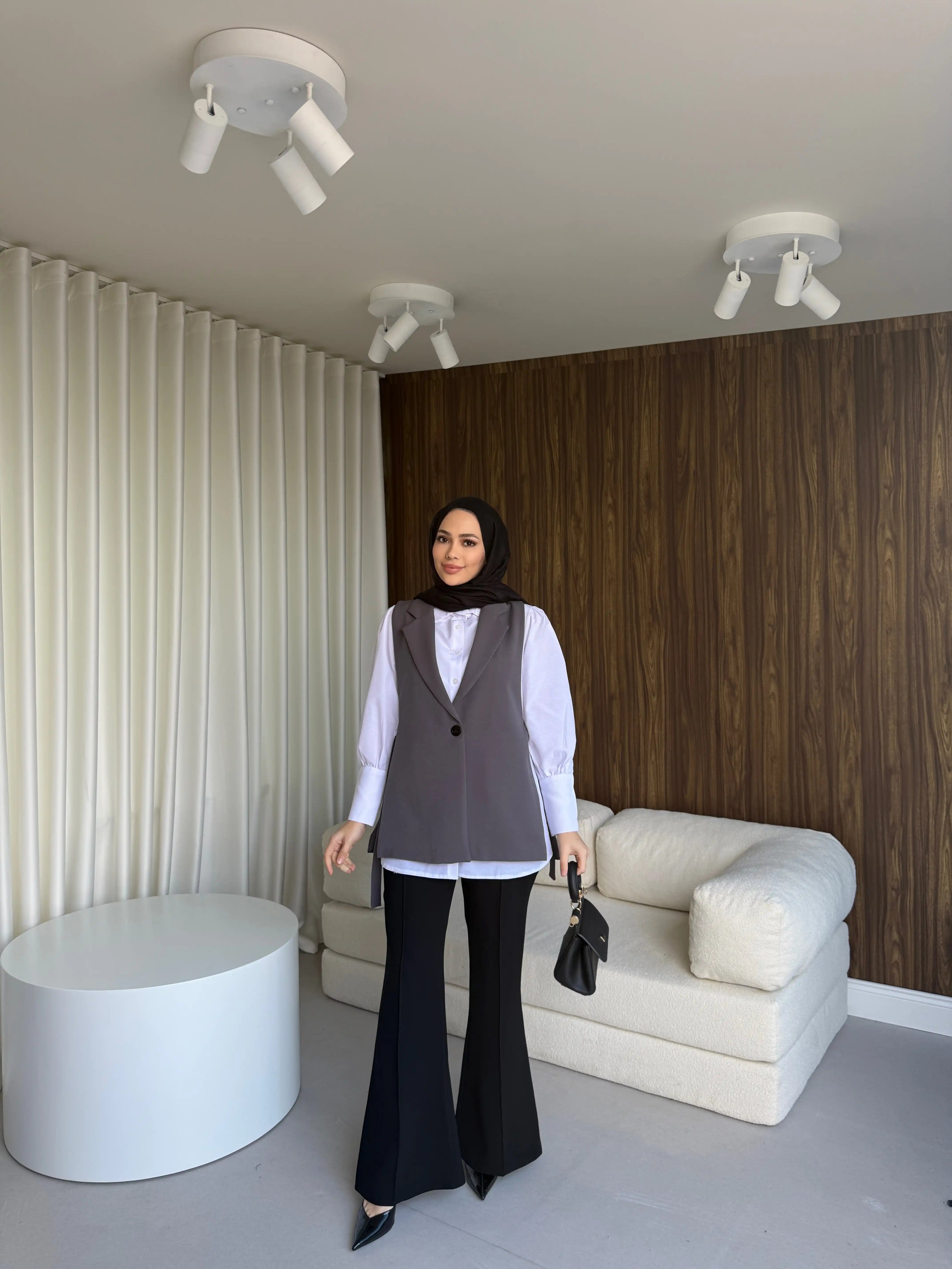 Gri Yandan Bağlamalı Blazer Yelek