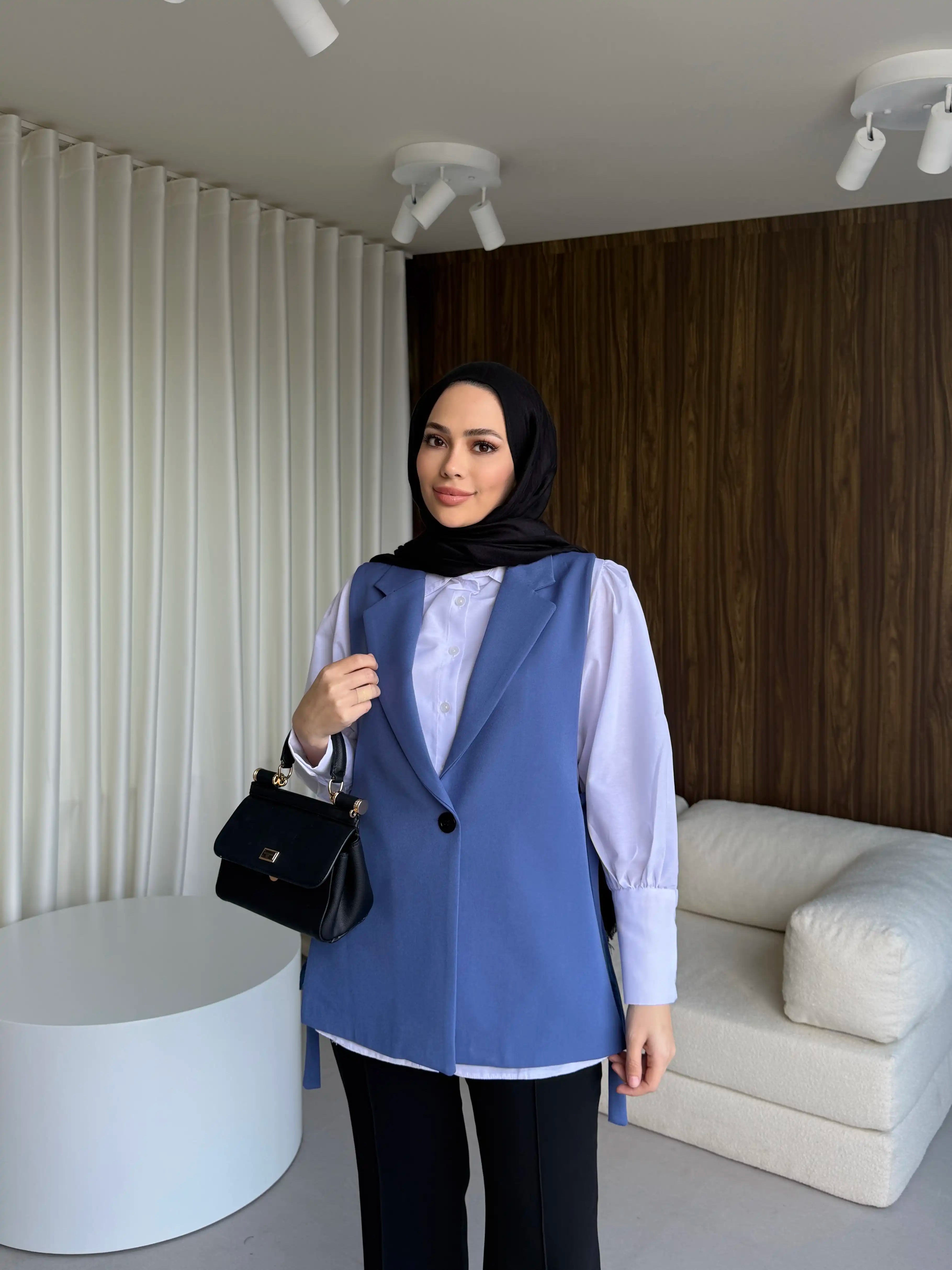 Mavi Yandan Bağlamalı Blazer Yelek